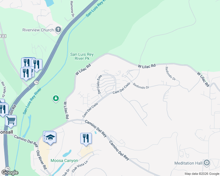 map of restaurants, bars, coffee shops, grocery stores, and more near 5704 Camino Del Cielo in Bonsall