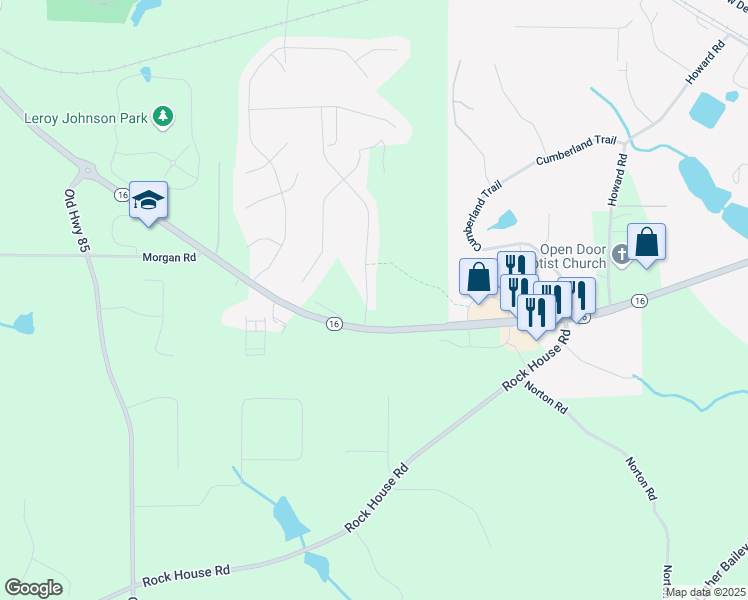 map of restaurants, bars, coffee shops, grocery stores, and more near 45 Kenwood Trail in Senoia