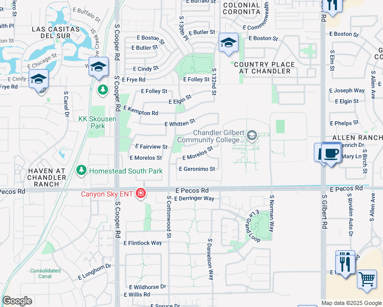 map of restaurants, bars, coffee shops, grocery stores, and more near 2383 East Morelos Street in Chandler