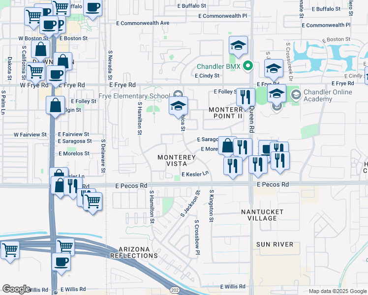 map of restaurants, bars, coffee shops, grocery stores, and more near 782 East Morelos Street in Chandler
