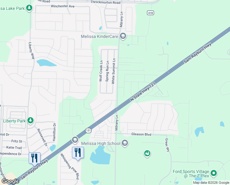 map of restaurants, bars, coffee shops, grocery stores, and more near 3600 White Summit Lane in Melissa