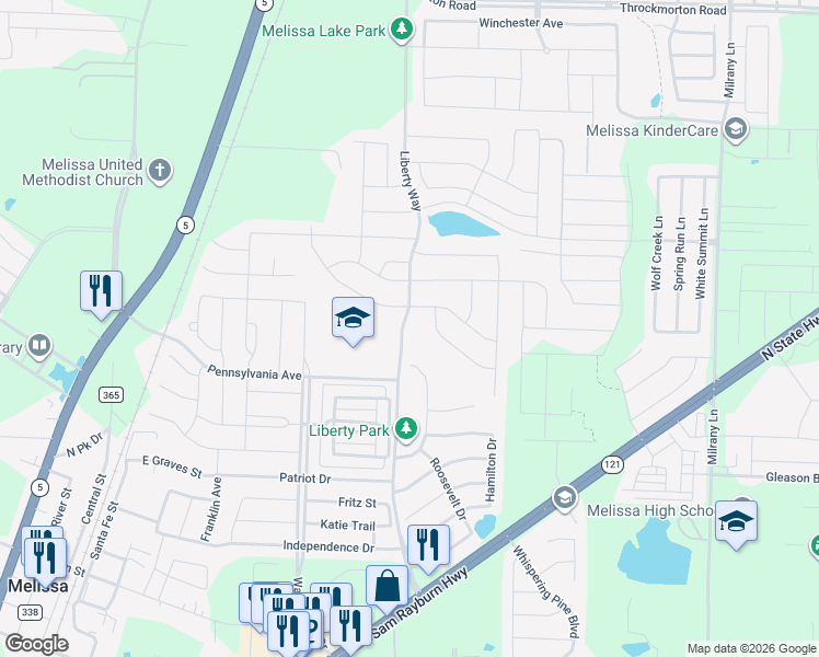 map of restaurants, bars, coffee shops, grocery stores, and more near 3510 Liberty Way in Melissa
