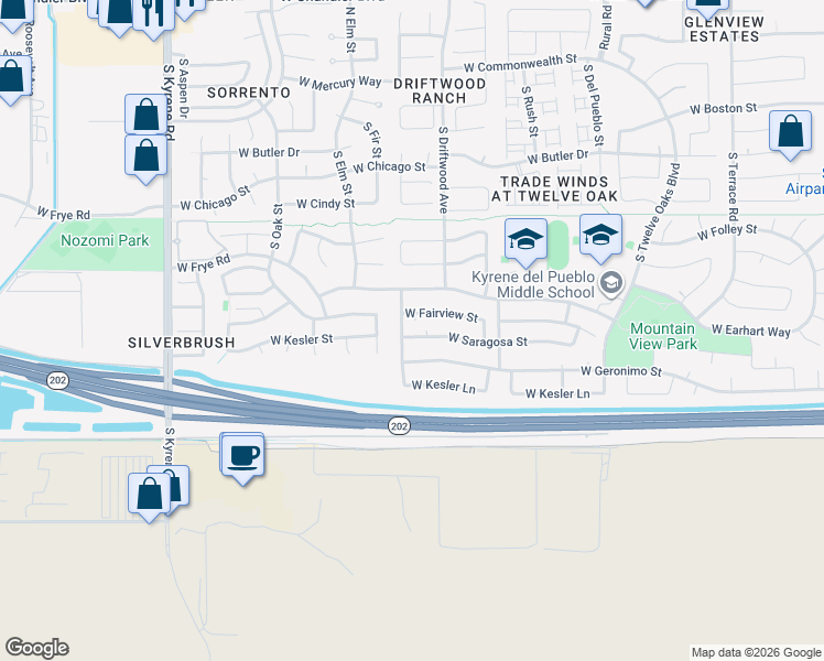 map of restaurants, bars, coffee shops, grocery stores, and more near 5441 West Saragosa Street in Chandler