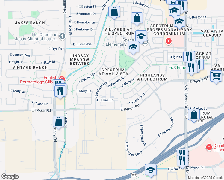map of restaurants, bars, coffee shops, grocery stores, and more near 3098 South Southwind Drive in Gilbert