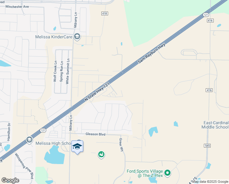 map of restaurants, bars, coffee shops, grocery stores, and more near 3510 Sam Rayburn Highway in Melissa