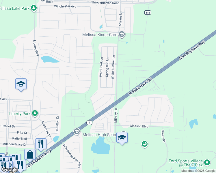 map of restaurants, bars, coffee shops, grocery stores, and more near 3312 Bear Creek Drive in Melissa