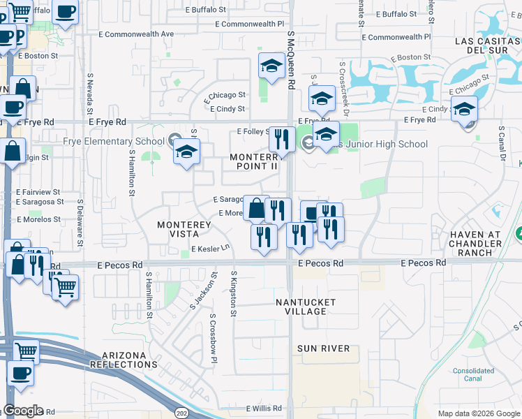 map of restaurants, bars, coffee shops, grocery stores, and more near 907 East Morelos Street in Chandler