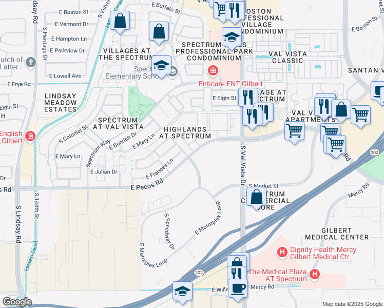 map of restaurants, bars, coffee shops, grocery stores, and more near 15094 East Pecos Road in Gilbert
