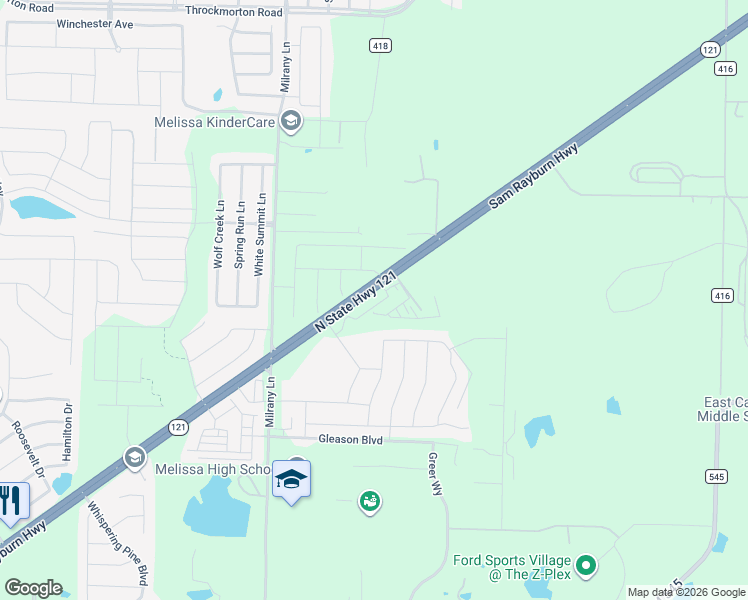 map of restaurants, bars, coffee shops, grocery stores, and more near 3500 Sam Rayburn Highway in Melissa