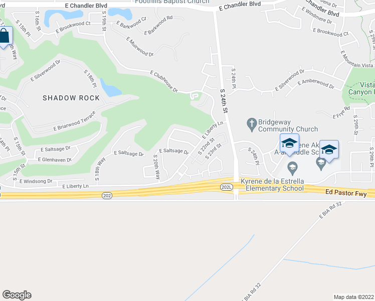 map of restaurants, bars, coffee shops, grocery stores, and more near 2158 East Saltsage Drive in Phoenix