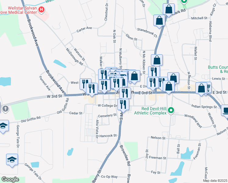 map of restaurants, bars, coffee shops, grocery stores, and more near 36 Oak Street in Jackson