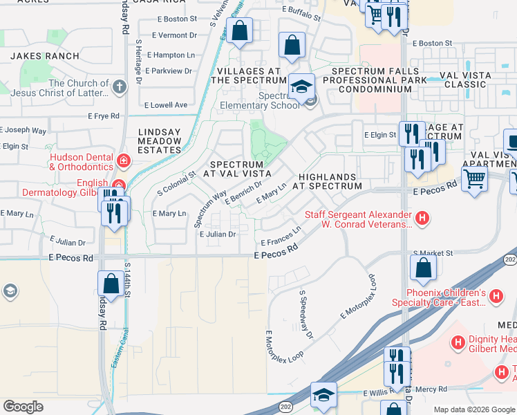 map of restaurants, bars, coffee shops, grocery stores, and more near 3105 South Southwind Drive in Gilbert