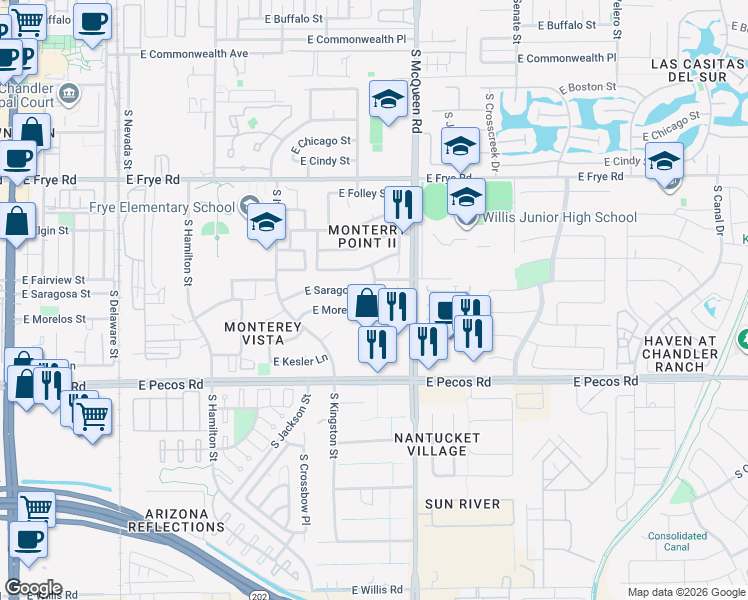 map of restaurants, bars, coffee shops, grocery stores, and more near 907 East Morelos Street in Chandler