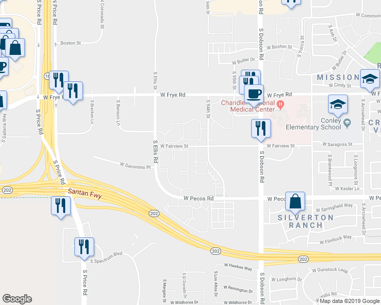 map of restaurants, bars, coffee shops, grocery stores, and more near 900 South 94th Street in Chandler
