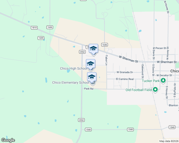 map of restaurants, bars, coffee shops, grocery stores, and more near 263 Farm to Market Road 2952 in Chico