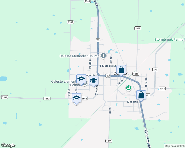 map of restaurants, bars, coffee shops, grocery stores, and more near 503 West Sanger Street in Celeste