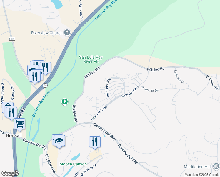 map of restaurants, bars, coffee shops, grocery stores, and more near 5707 Galloway Place in Bonsall