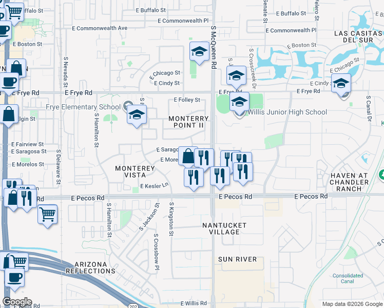 map of restaurants, bars, coffee shops, grocery stores, and more near 907 East Morelos Street in Chandler