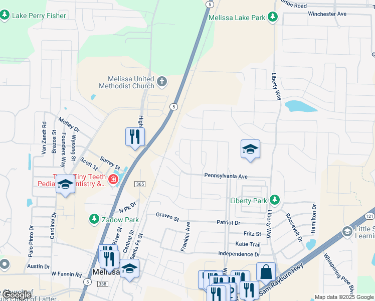 map of restaurants, bars, coffee shops, grocery stores, and more near 3512 Charleston Drive in Melissa