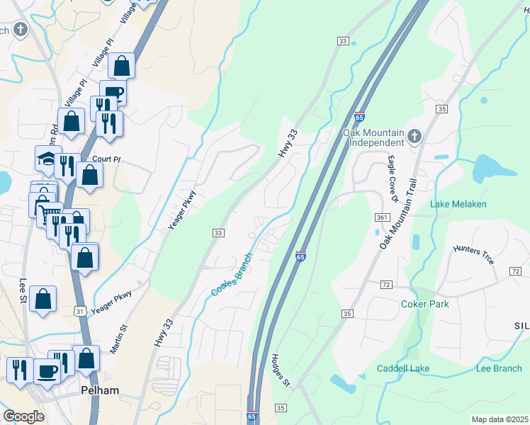 map of restaurants, bars, coffee shops, grocery stores, and more near 218 Brookhollow Drive in Pelham