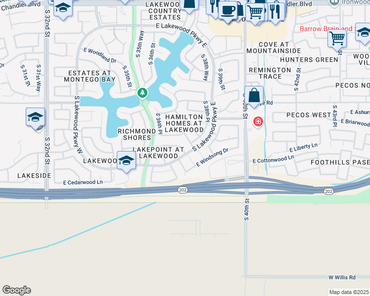 map of restaurants, bars, coffee shops, grocery stores, and more near 16805 South 37th Way in Phoenix