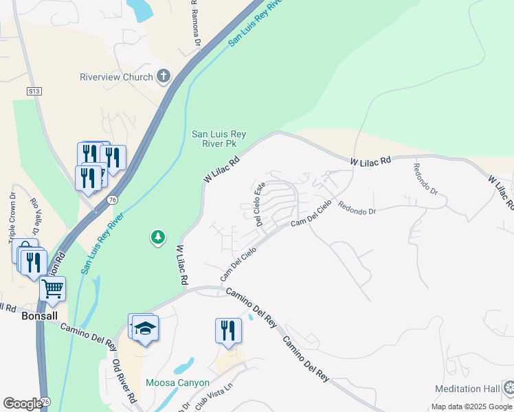 map of restaurants, bars, coffee shops, grocery stores, and more near 31939 Del Cielo Este in Bonsall