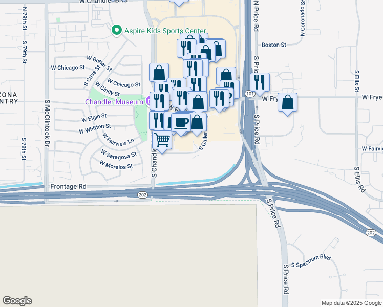 map of restaurants, bars, coffee shops, grocery stores, and more near 595 South Galleria Way in Chandler