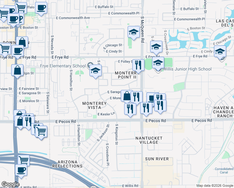 map of restaurants, bars, coffee shops, grocery stores, and more near 843 East Morelos Street in Chandler
