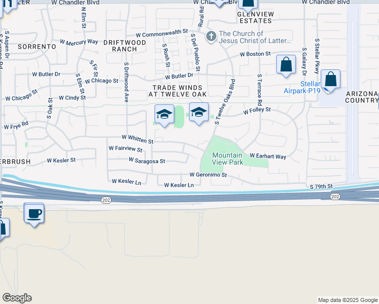 map of restaurants, bars, coffee shops, grocery stores, and more near 5080 West Saragosa Street in Chandler