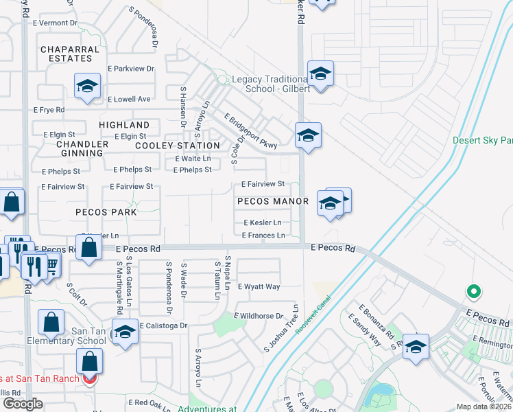 map of restaurants, bars, coffee shops, grocery stores, and more near 3864 East Geronimo Street in Gilbert