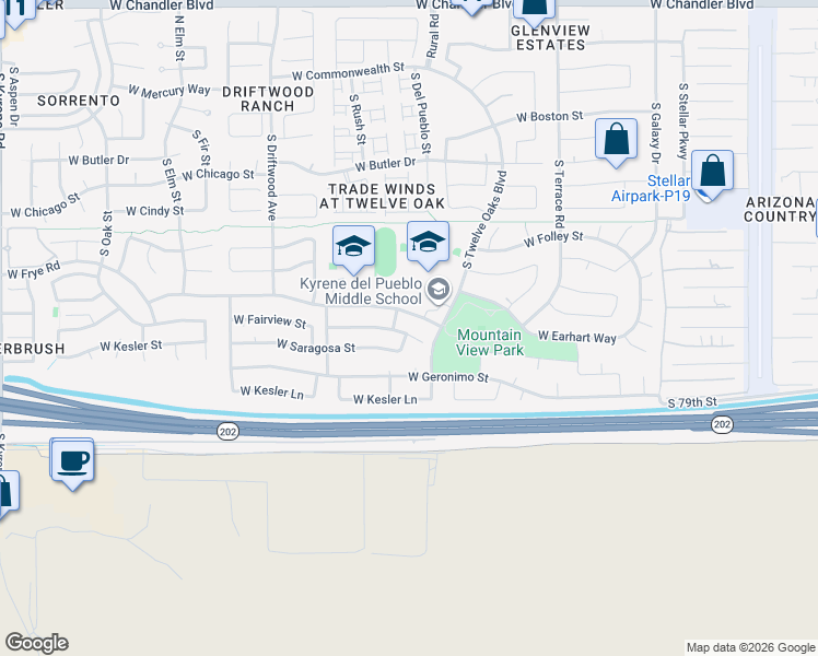 map of restaurants, bars, coffee shops, grocery stores, and more near 5080 West Saragosa Street in Chandler
