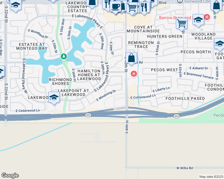 map of restaurants, bars, coffee shops, grocery stores, and more near 3834 East Windsong Drive in Phoenix