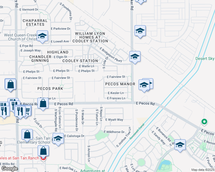 map of restaurants, bars, coffee shops, grocery stores, and more near 3814 East Kesler Street in Gilbert