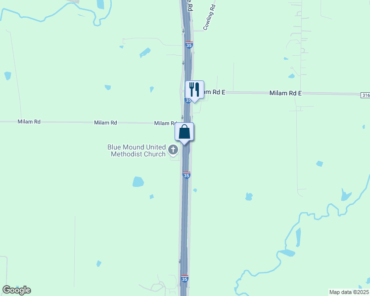 map of restaurants, bars, coffee shops, grocery stores, and more near 10412 Interstate 35 in Denton