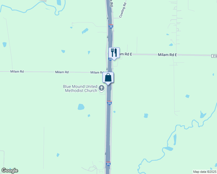 map of restaurants, bars, coffee shops, grocery stores, and more near 10505 Interstate 35 in Denton