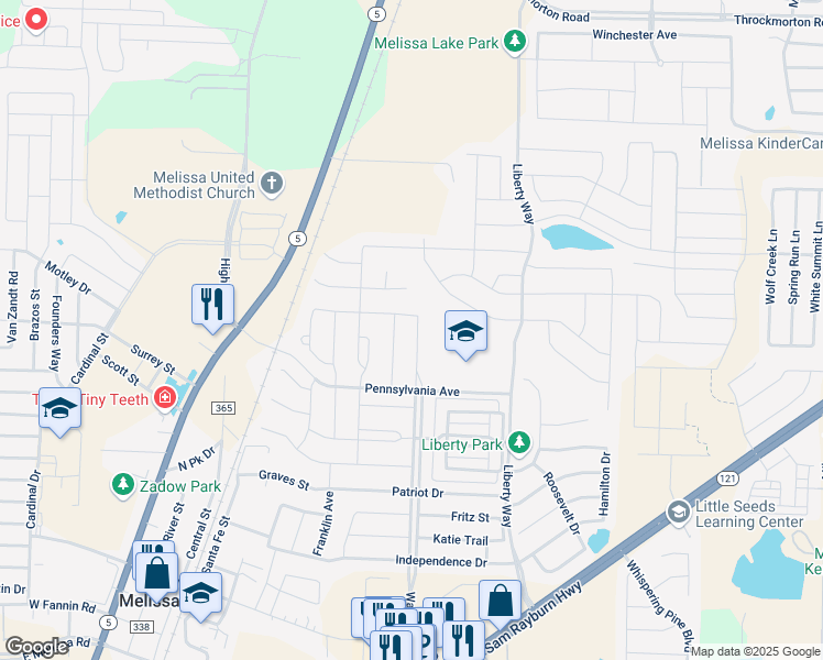 map of restaurants, bars, coffee shops, grocery stores, and more near 2319 Saratoga Drive in Melissa