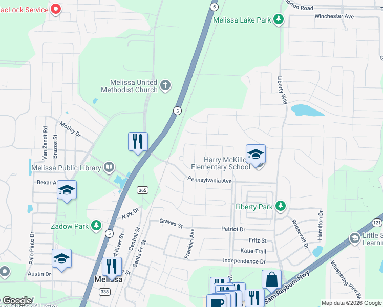 map of restaurants, bars, coffee shops, grocery stores, and more near 2209 Saratoga Drive in Melissa