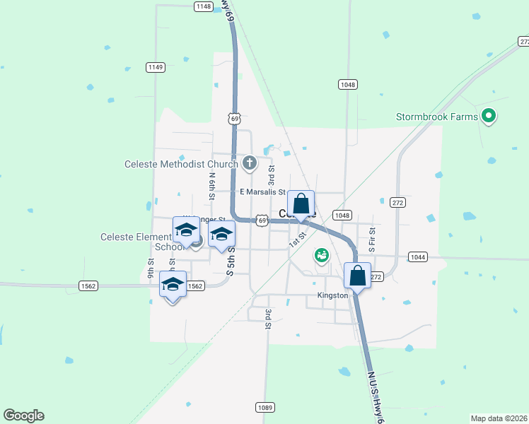 map of restaurants, bars, coffee shops, grocery stores, and more near 115 3rd Street in Celeste