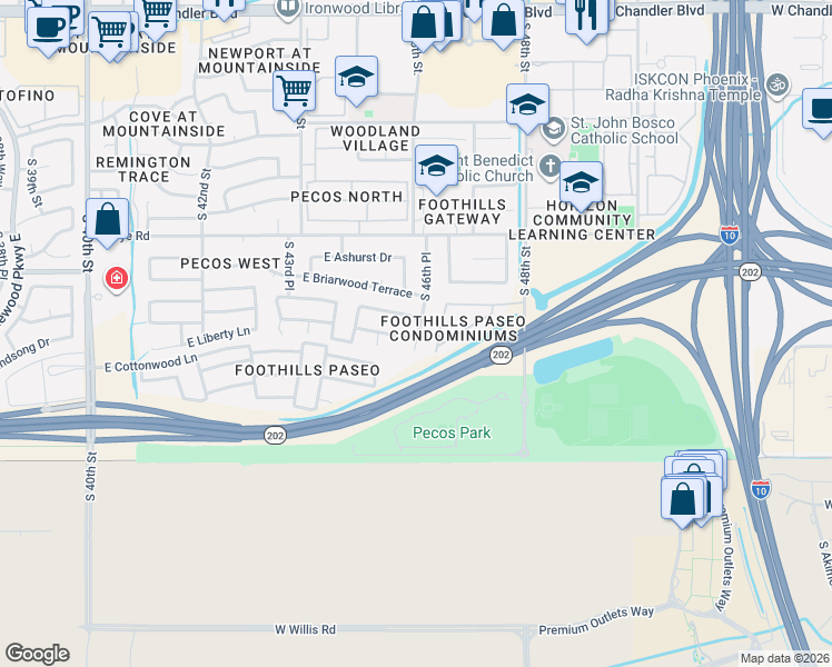 map of restaurants, bars, coffee shops, grocery stores, and more near 16603 South 46th Place in Phoenix