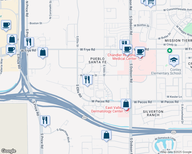 map of restaurants, bars, coffee shops, grocery stores, and more near 1195 West Fairview Street in Chandler