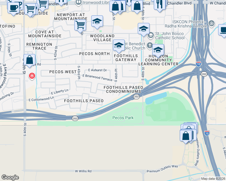map of restaurants, bars, coffee shops, grocery stores, and more near 16603 South 46th Place in Phoenix