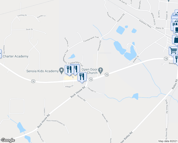 map of restaurants, bars, coffee shops, grocery stores, and more near 25 Cumberland Trail in Senoia