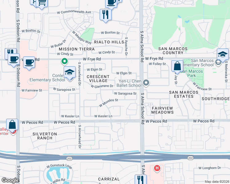 map of restaurants, bars, coffee shops, grocery stores, and more near 575 South Apache Drive in Chandler