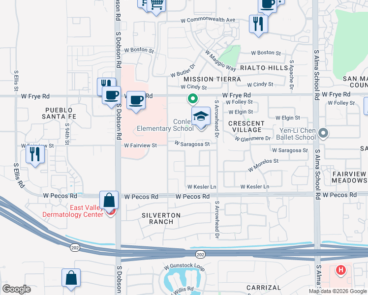 map of restaurants, bars, coffee shops, grocery stores, and more near 1660 West Saragosa Street in Chandler