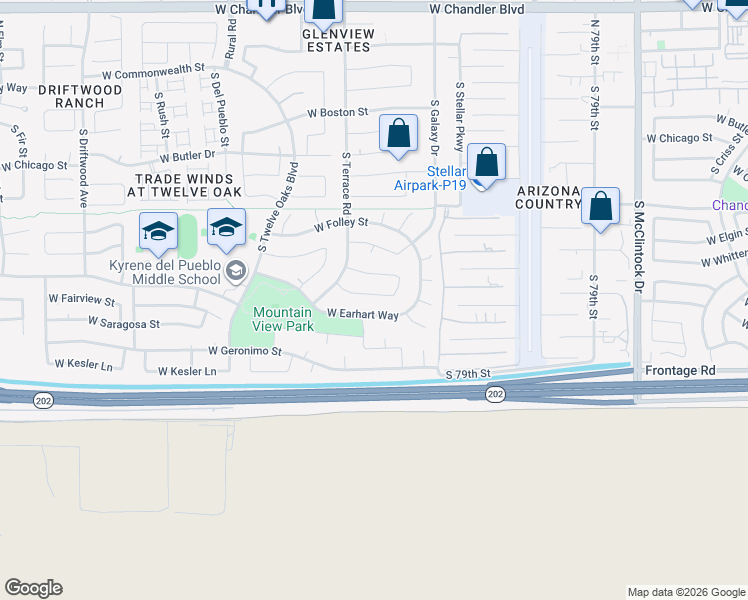 map of restaurants, bars, coffee shops, grocery stores, and more near 4671 West Kitty Hawk in Chandler