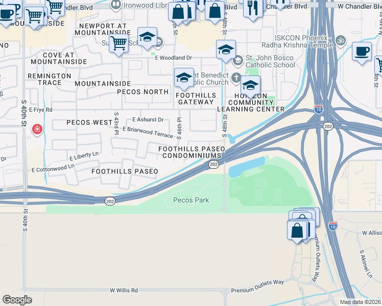 map of restaurants, bars, coffee shops, grocery stores, and more near 16620 South 48th Street in Phoenix