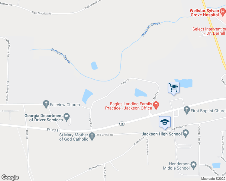 map of restaurants, bars, coffee shops, grocery stores, and more near April Lane in Jackson