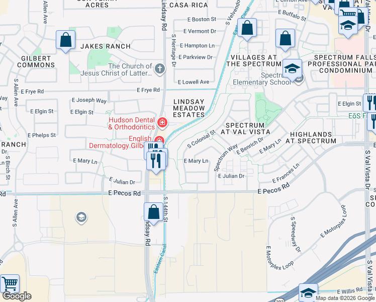 map of restaurants, bars, coffee shops, grocery stores, and more near 3045 South Colonial Street in Gilbert