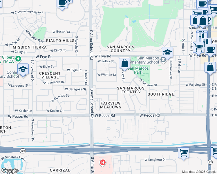 map of restaurants, bars, coffee shops, grocery stores, and more near 877 West Glenmere Drive in Chandler