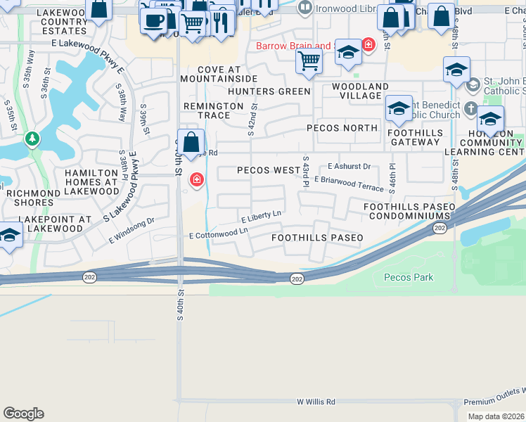 map of restaurants, bars, coffee shops, grocery stores, and more near 4221 East Windsong Drive in Phoenix